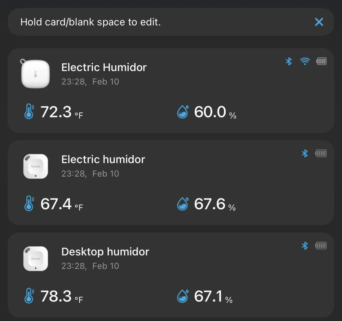 Top shelf in my humidor always drops to about 60 in humidity at midnight and in a couple hours hits 62 again posted by Connect-Tadpole-4319