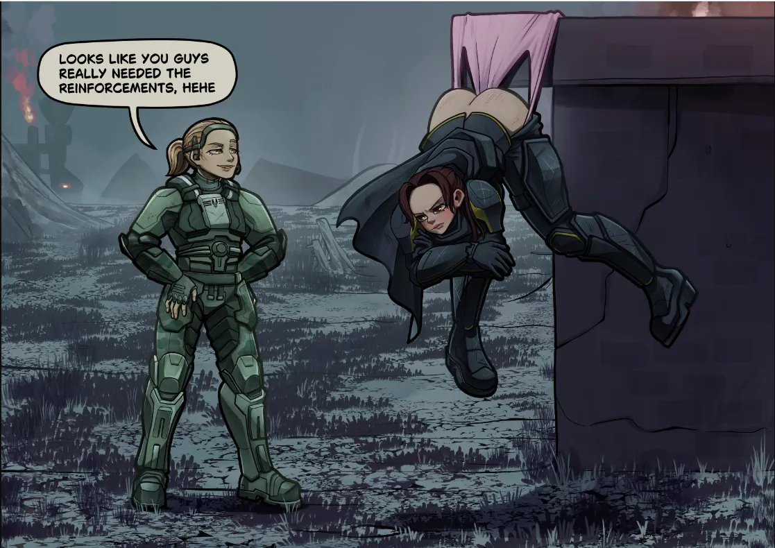 Veronica Dare, an Oni agent from Halo, defeats a female Helldiver soldier by trapping her in a wedgie, leaving her exposed buttocks because her suit is torn. While her rear end suffers, she awaits reinforcements. (Octonu) posted by Fair_Championship471