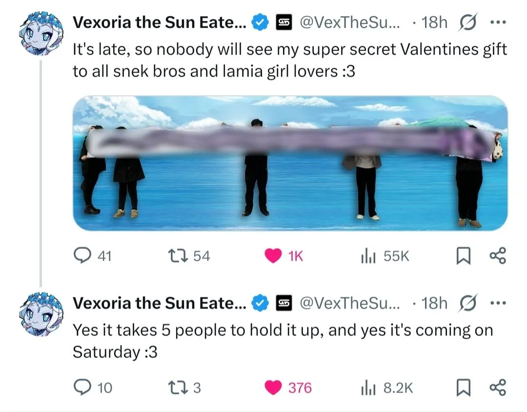 Vtuber Vexoria the Sun Eater is revealing a lamia body pillow on Valentine's Day posted by Lamia-Lover-27