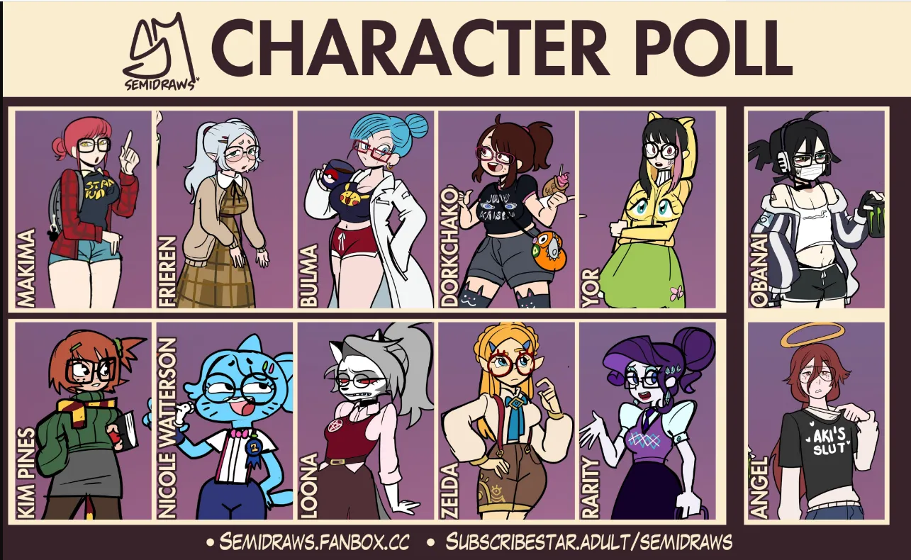 Waifu and Femboy Character Poll - Nerd Edition Versions. These are the options: Frieren, Makima, Bulma, Ochako, Yor Forger, Obanai, Kim Pine, Nicole, Loona, Princess Zelda, Rarity, Angel. Which one do you prefer? posted by Fair_Championship471