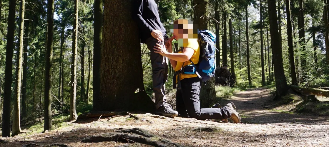 We meet a young man on a hiking trip. She went down on him and took his big cock and cum. I was told to sit and watch her enjoy a real cock. My cage was almost bursting by I-cant-come