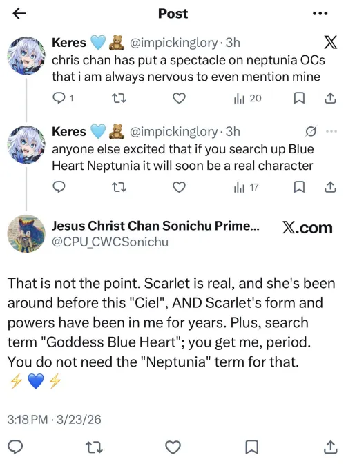 Weens are pretending Blue Heart is going to be a real character in Neptunia and Chris is falling for it by Patient-Telephone122