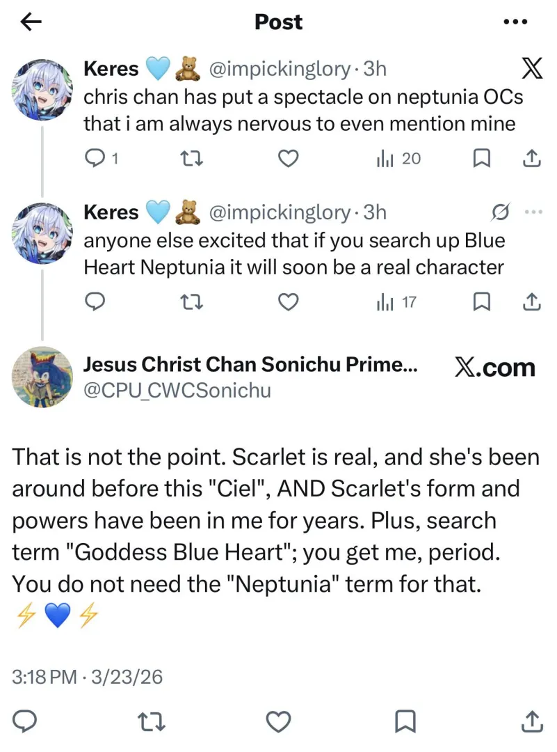Weens are pretending Blue Heart is going to be a real character in Neptunia and Chris is falling for it posted by Patient-Telephone122