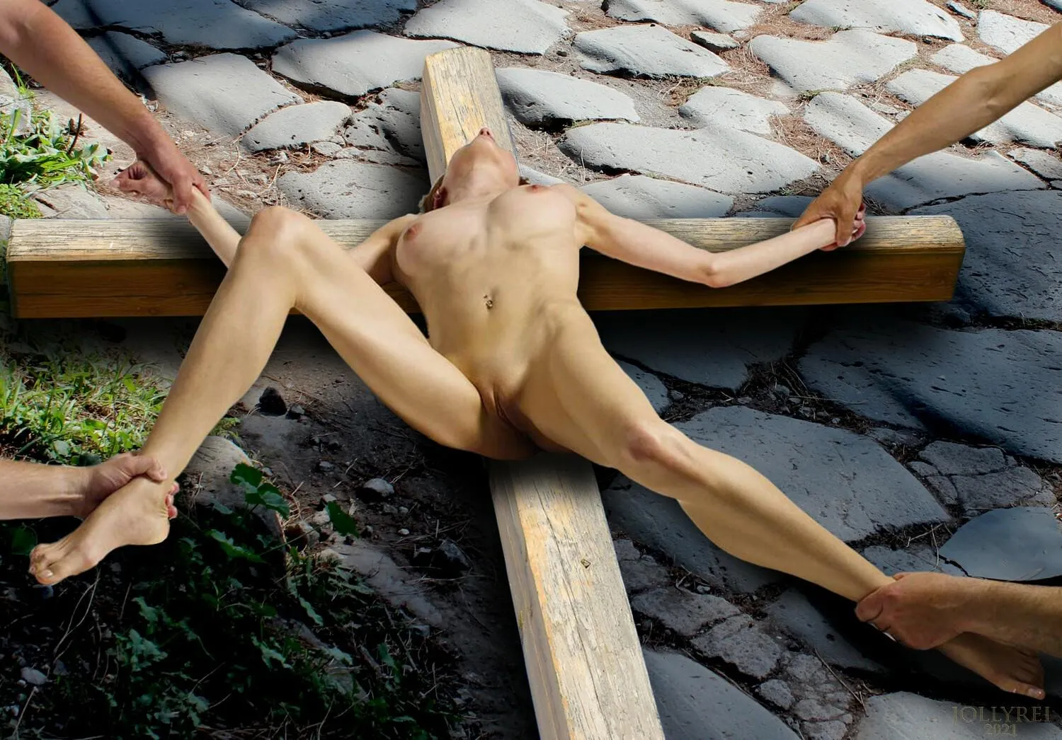 What do you mean we're out of rope?! No matter, just hold her down. Let's get this nailing done quickly! posted by CuteLilMaddie