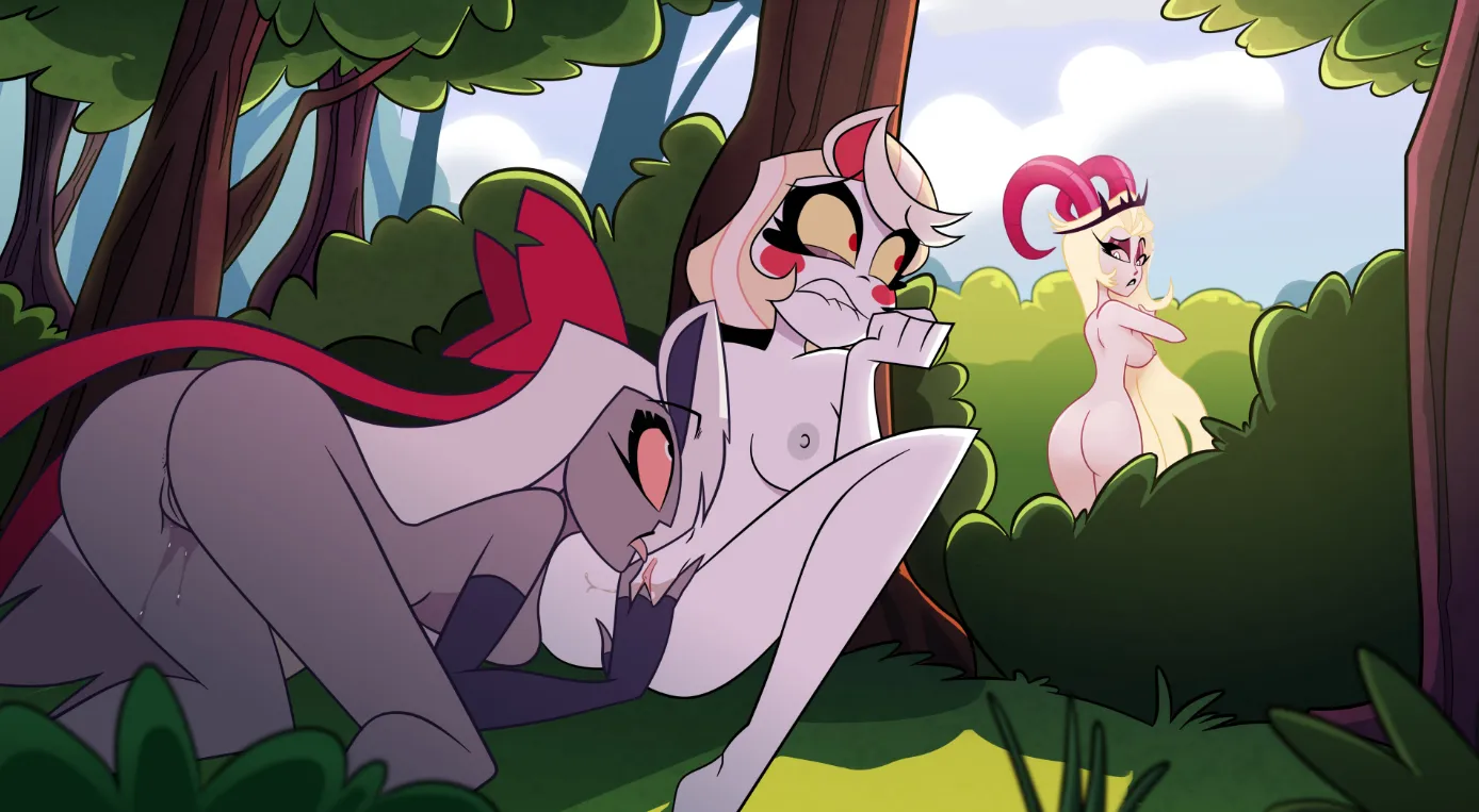 While Lilith, Charlie's mother, is naked in the woods, suspiciously looking back after hearing a noise, unaware that behind a tree, Charlie and Vaggie are also naked. Charlie tries to stifle her moans while keeping watch, as Vaggie is giving her oral se posted by Fair_Championship471