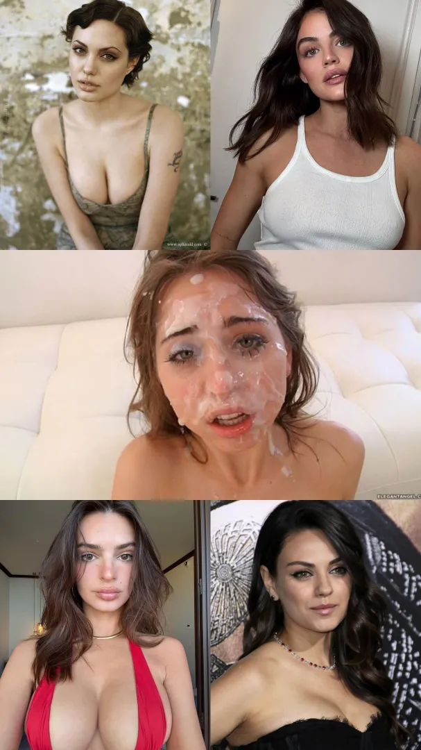 Who would you rather facefuck and give her a blowbang ending in a bukkake and why? Angelina Jolie, Lucy Hale, Emily Ratajkowski or Mila Kunis? Any others you'd pick that aren't shown here and why? posted by thicccccccaf