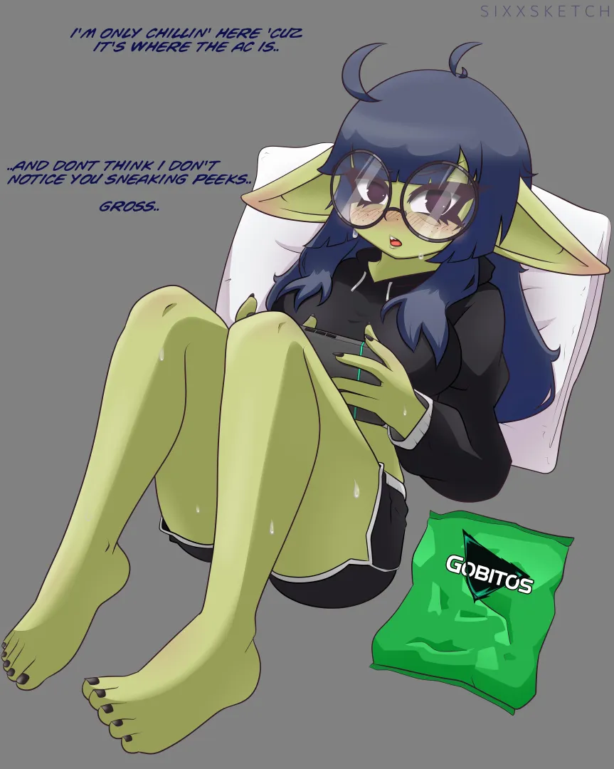 Your Goblin Gamer Girl roomie comes out of her cave to hang with you. posted by SixxSketch
