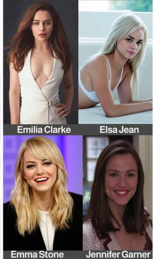 [4] Emilia Clarke vs. Elsa Jean vs. Emma Stone vs. Jennifer Garner by lemosiii