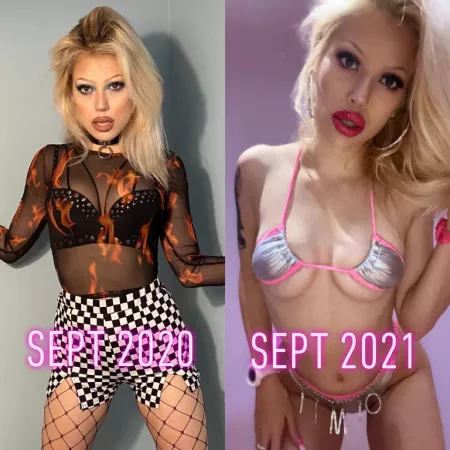 A year apart!!! Haven't I turned into a cute lil bimbo fucktoy!! What should b my next bimbofication goal?! by AngelRaeDoll