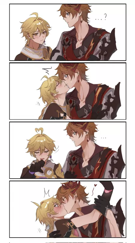 Aether and Childe kiss (Genshin Impact) by AlbertMendez442
