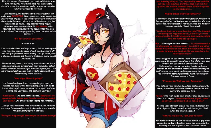 After last week's delivery, you thought a break was in order. However, one of your shrine maiden patrons was concerned about why you didn't show up this time. [Wholesome] [Conerned for you] [Gender Neutral] [Indirect Kiss] [Pulled by Fluffly Tail] by Throwaway20XV