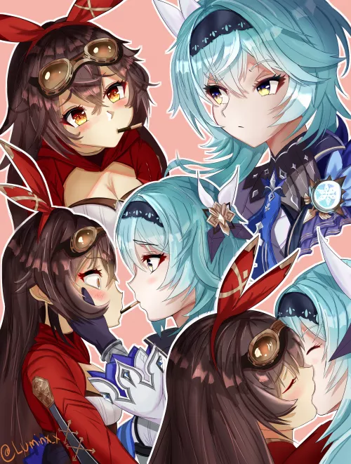 Amber and Eula share pocky [Genshin Impact] by magicistragick