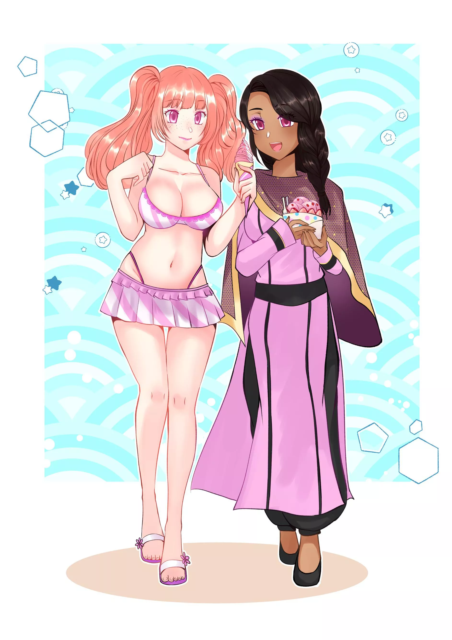 An art gift for a friend I recently commissioned, I picked their favorite pair eating strawberry ice cream 🍓 (drawn by michael_yomiko on Twitter) posted by Tootiredtowrite