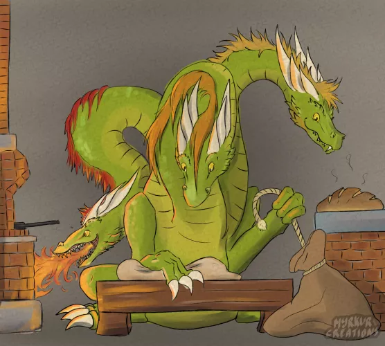 Another big dragon with a peaceful job, this time a hydra dragon baker! [art by me, idea by u/datfurryboi34 who commented on my last post] by MyrkurDragon