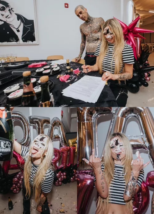 Avril Lavigne signing a contract with celebratory cake all over her face by _Anonymous_Account_