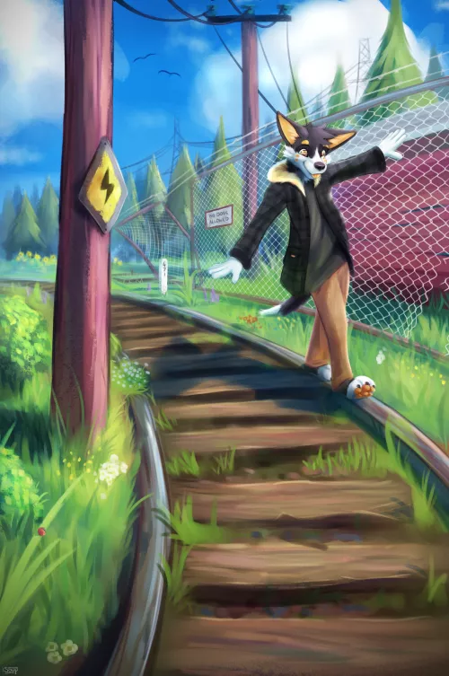 Azel following the old train tracks (By me, @SupersonicSoup) by SupersonicSoup