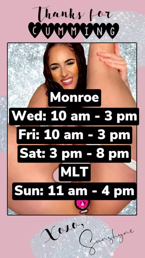 @barista_sunshyne Rest of this weeks schedule💋 Monroe: 19090 US-2 Monroe WA MLT: 21709 SR-99 Mountlake Terrace WA