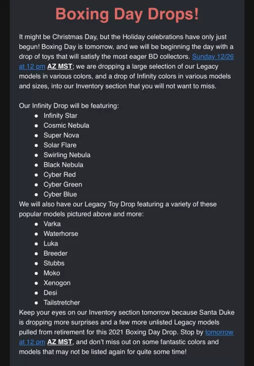 BD Legacy Toy Drop for Boxing Day! by mangofoxx