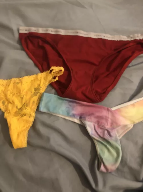Been a while which one would I cum on? Yellow thong (cousins) red panties (sisters) rainbow thong (stole it from a girls bathroom while at a party) by Big_Information5007