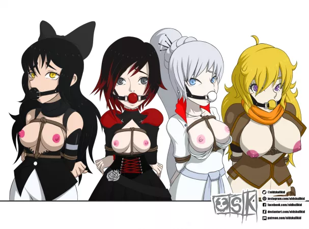 Blake, Ruby, Weiss, and Yang all tied up and gagged (oldskullkid)[RWBY] by girusatuku