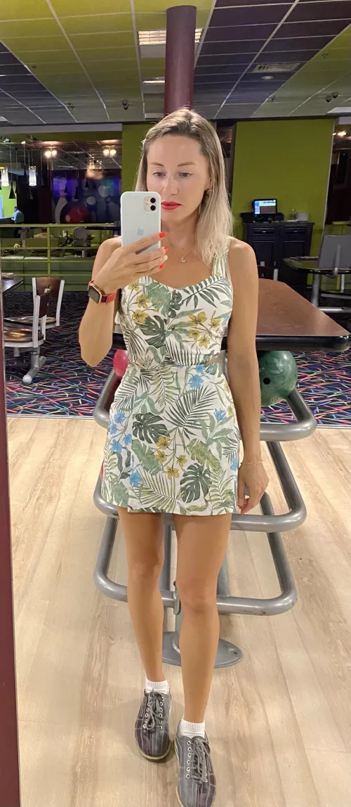 Bowling in tight summer dress 💚🤍💙 by Margo_pumusy