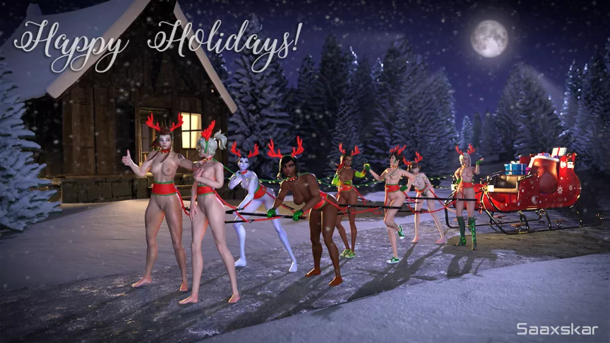Brigitte, Tracer, Widowmaker, Pharah, Tracer, Sombra, Ashe, and DVa all helping to deliver presents in the cold (Saaxskar) by Saaxskar3D