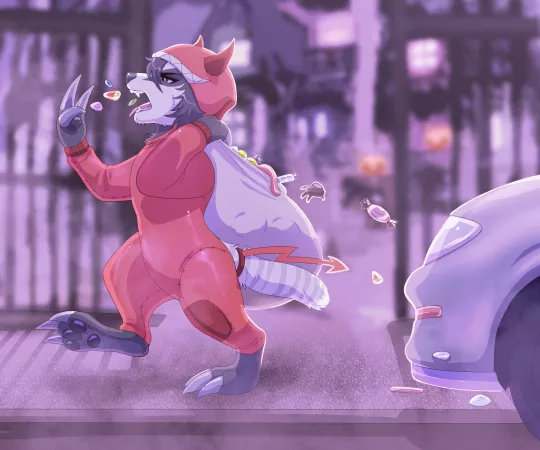 Camm on his way to get more candy. The night is far from over! Art by LawkieDoge on FA and Twitter. by Snoo-79334