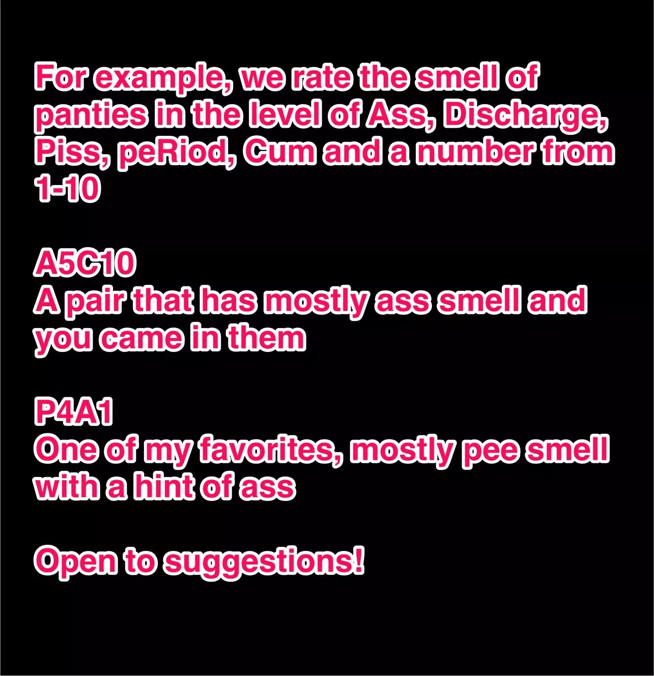 Can we create a Panty Smell Scale? I think it would be a good idea... posted by truedata3