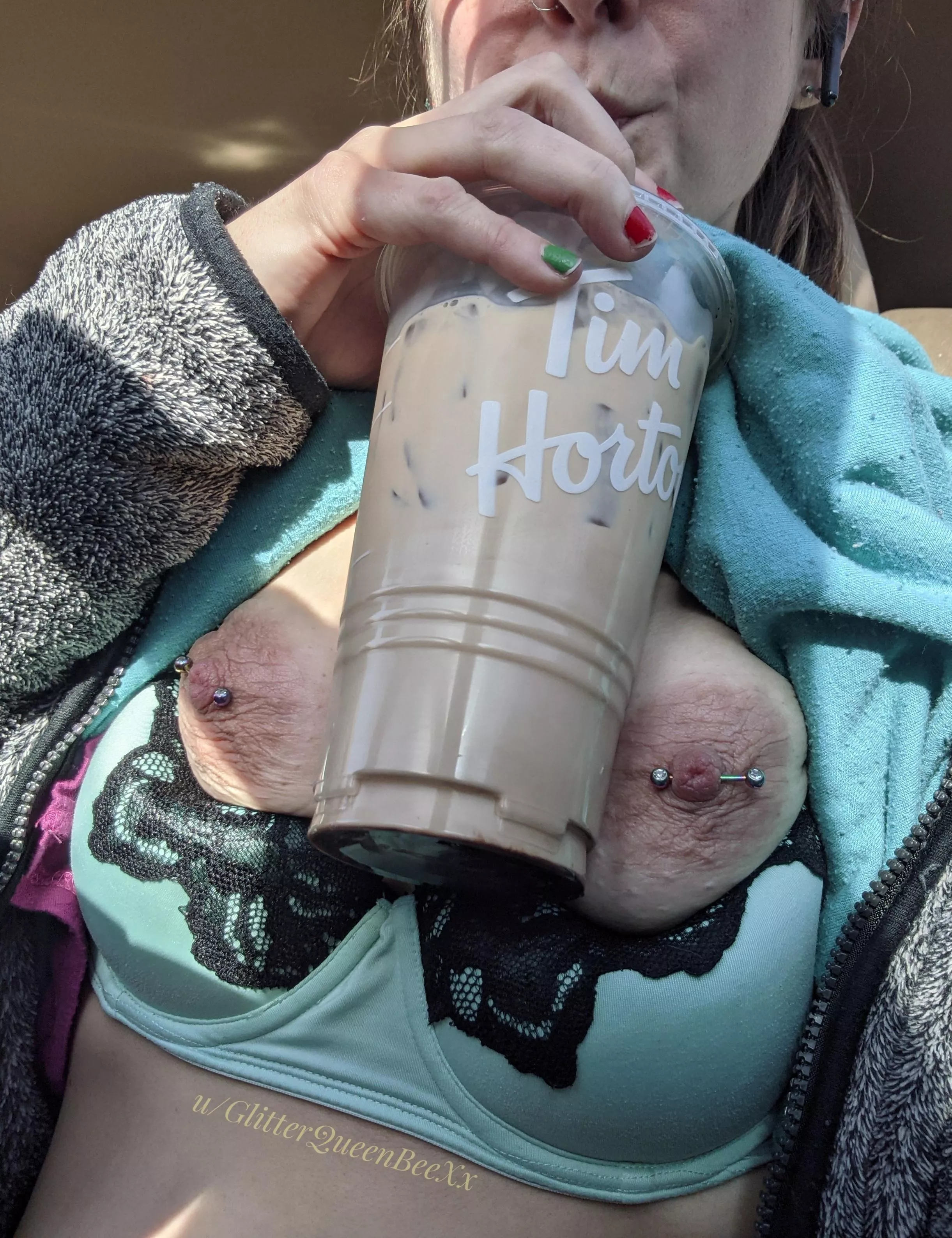 Can you spot me drinking my coffee with my tits out in the parking lot? posted by GlitterQueenBeeXx
