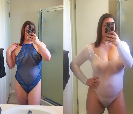 Can’t decide. Blue or white or perhaps wet look? [F] 44 y/o by WifeLuvsPosing