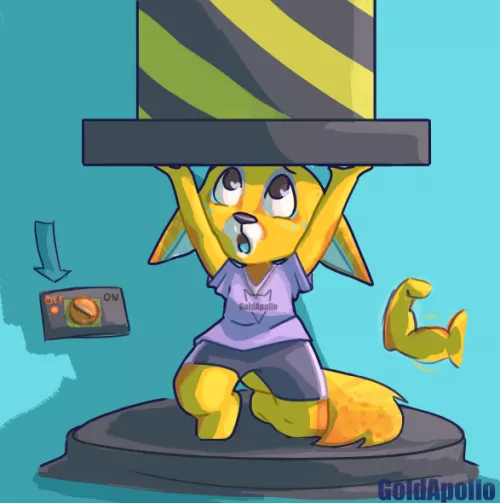 Caught Apollo playing with a hydraulic press (dont worry the power is OFF) its an odd scene i know but i couldnt think of anything else for inktober: pressure!! 💪💪 💛(Art by me) by GoldApolloArt