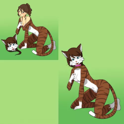 Caught kitty (F-Human -> F-Anthro Cat, before and after) original (left) by Bobstickles; right image retouched by me by ZJ59
