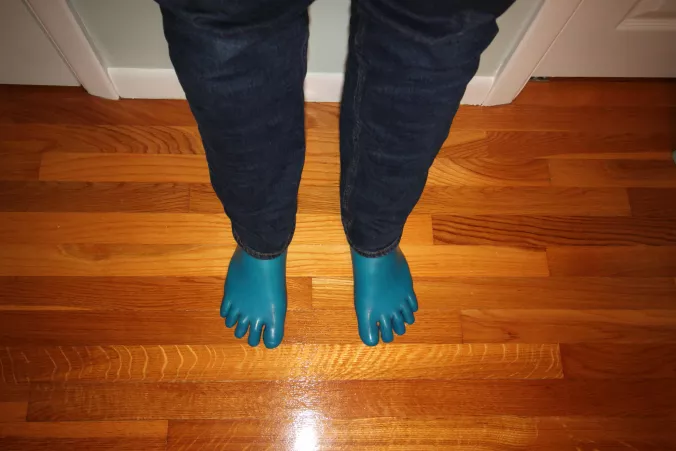 Cerulean blue latex toe socks under jeans by MutexLatex