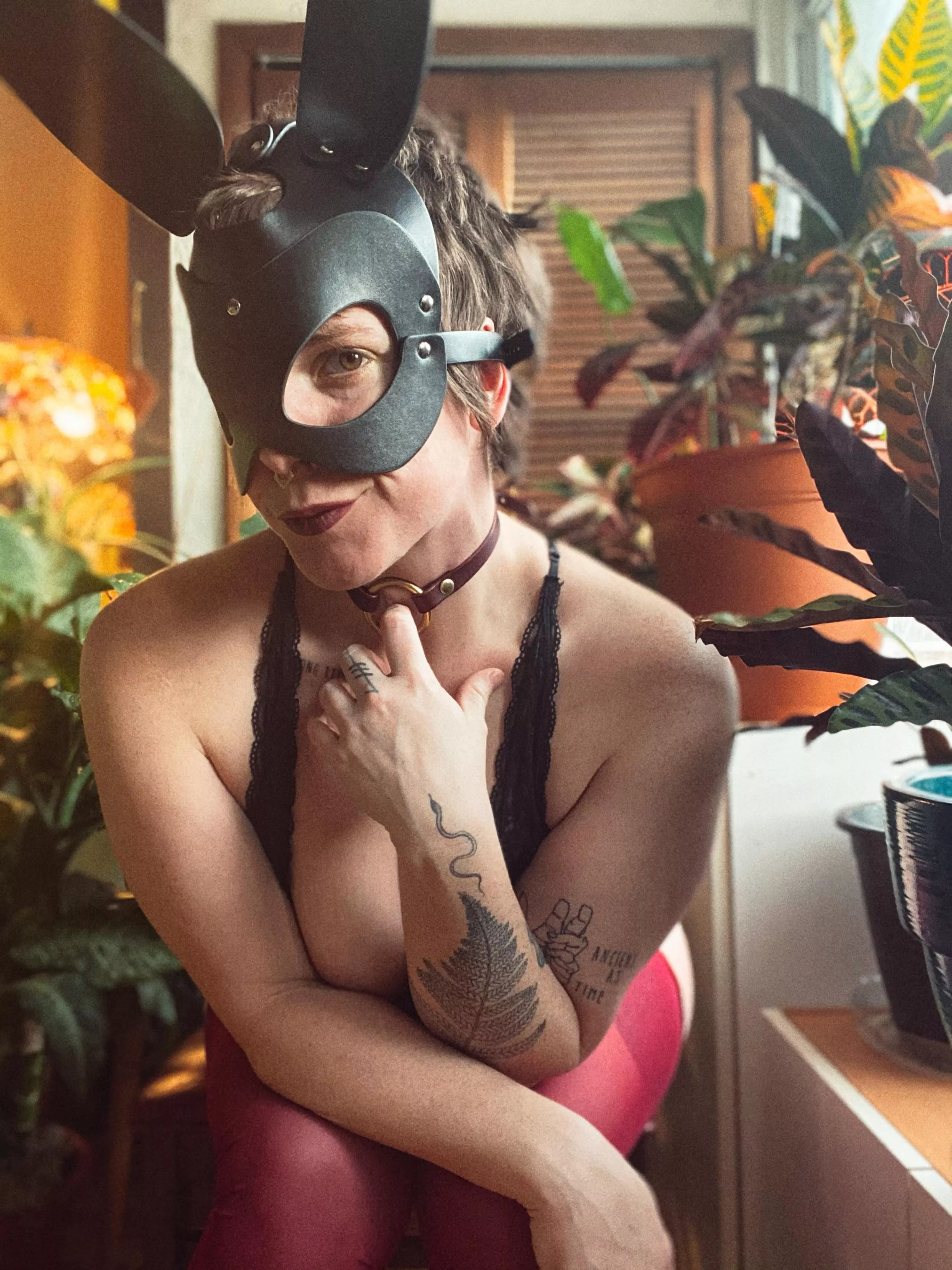 Collared, masked & oh so content. ☺️ posted by Mtn_MILF