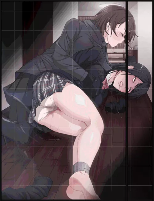 Color: 2girls, black hair, brown hair, red white striped skirt, black skirt, black jacket, red bowtie, lying down, choked, wet, bound feet, feet, drool, dresser, table and sofa in the background, wooden floor by deutschefrage