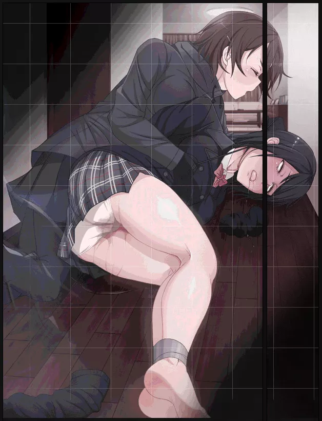 Color: 2girls, black hair, brown hair, red white striped skirt, black skirt, black jacket, red bowtie, lying down, choked, wet, bound feet, feet, drool, dresser, table and sofa in the background, wooden floor posted by deutschefrage