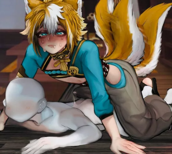 Color: Genshinimpact, gorou, male x male, bulge, fox ears, blue eyes, fox tails, kitsune by Ollar_The_Wizard