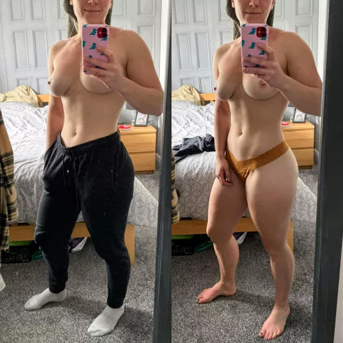 Com(f)y but horny. I'll take my bottoms off for you, but I'll leave you to take my pants off? by ThrowawayPussy5826