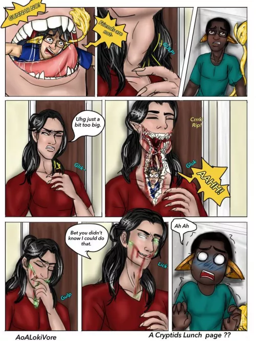 {Comic} A Cryptids Lunch by AoALokiVore Not sure when it’ll ever be finished {m/m}{slight non vore gore} by A0ALoki23