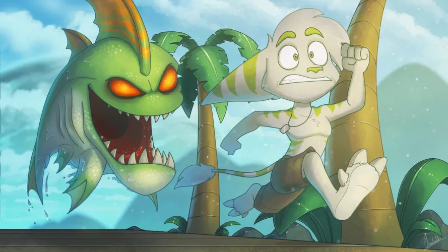 Commission for a friend on furaffinity of their Lombax OC being chased by a Sharkigator, art by me. Commissions are currently open :) by LottieandLuno