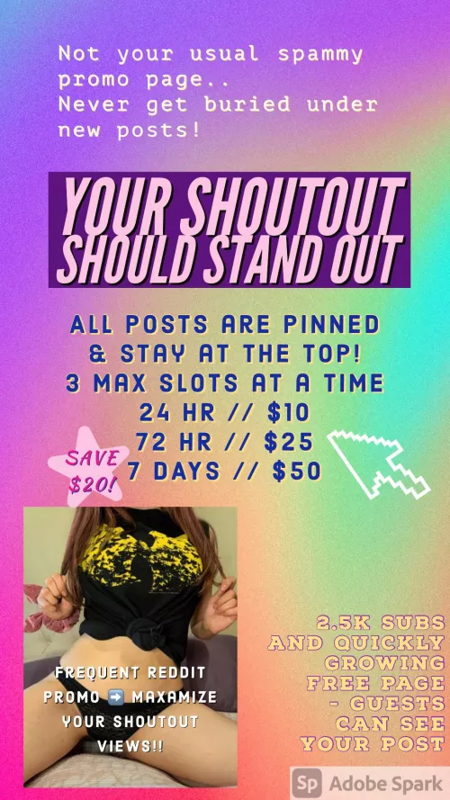 Creators! 🧡 Looking to grow ⬆️ your OnlyFans? I offer paid Pinned 📌 Shoutouts on my personal page (spam free look!) of 2.5k subs & growing 50+ daily. ⬆️ Your post STAYS on TOP ⬆️ never gets lost under new posts! 😯 I Reddit promo  by miverva13