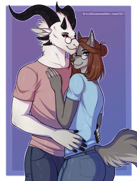 Cuddle Couple (Art by myself, Kitsunewaffles-chan for Tanatris on FA!) by PinkCatBoss