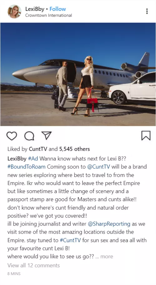 (Cuntagram) @LexiBby - where would you like to see me and @SharpReporting travel to??? by LexiBMDE