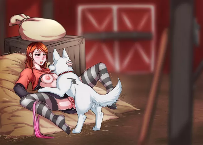 Cute babe in thighhighs playing with her dog in the barn (ThighsocksAndKnots) by Just4Friends69