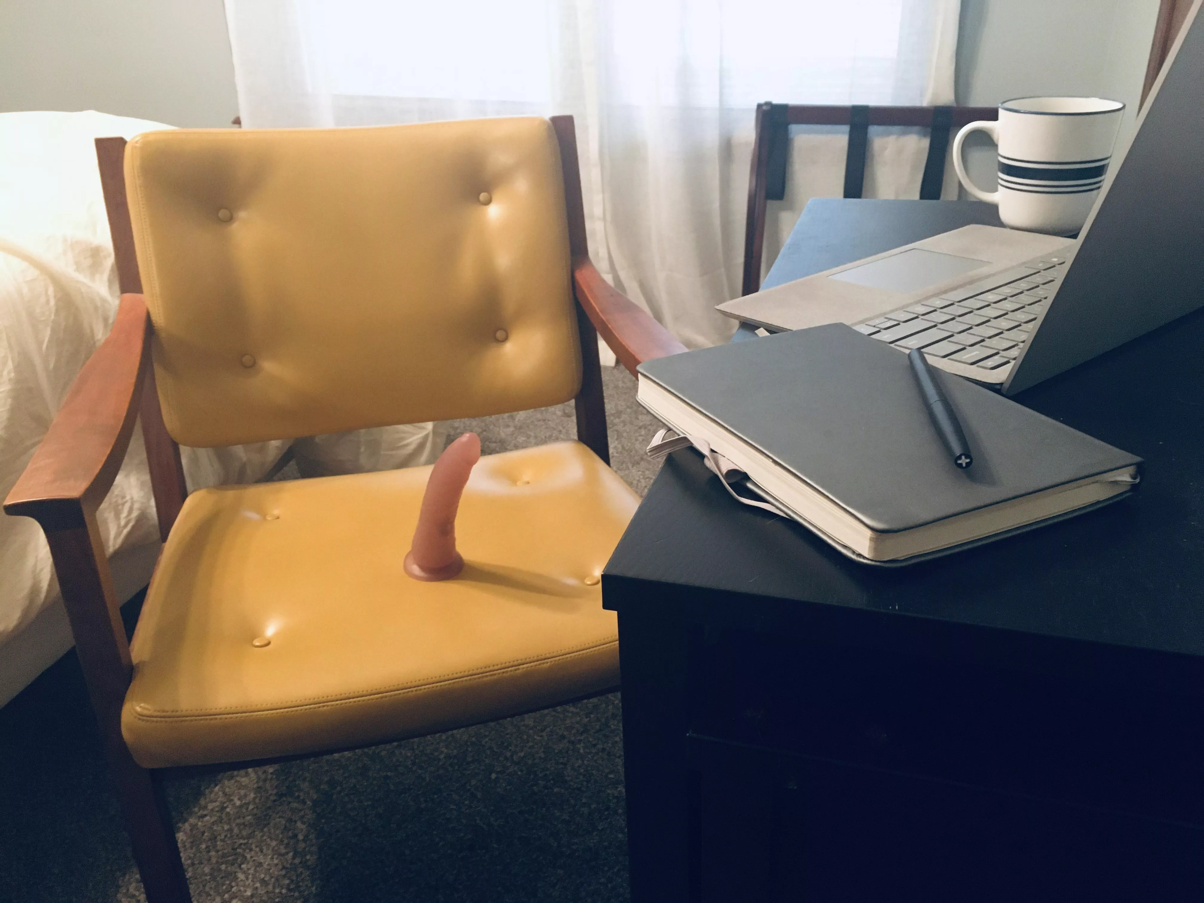 Daddy gets to play with me later & is surprising me with tasks to do today to keep me on edge. I’m taking my meetings while sitting on this. 1st one was just the phone, next 2 are video calls. Can I keep a straight face? 🤤😈 posted by transmascT4T812