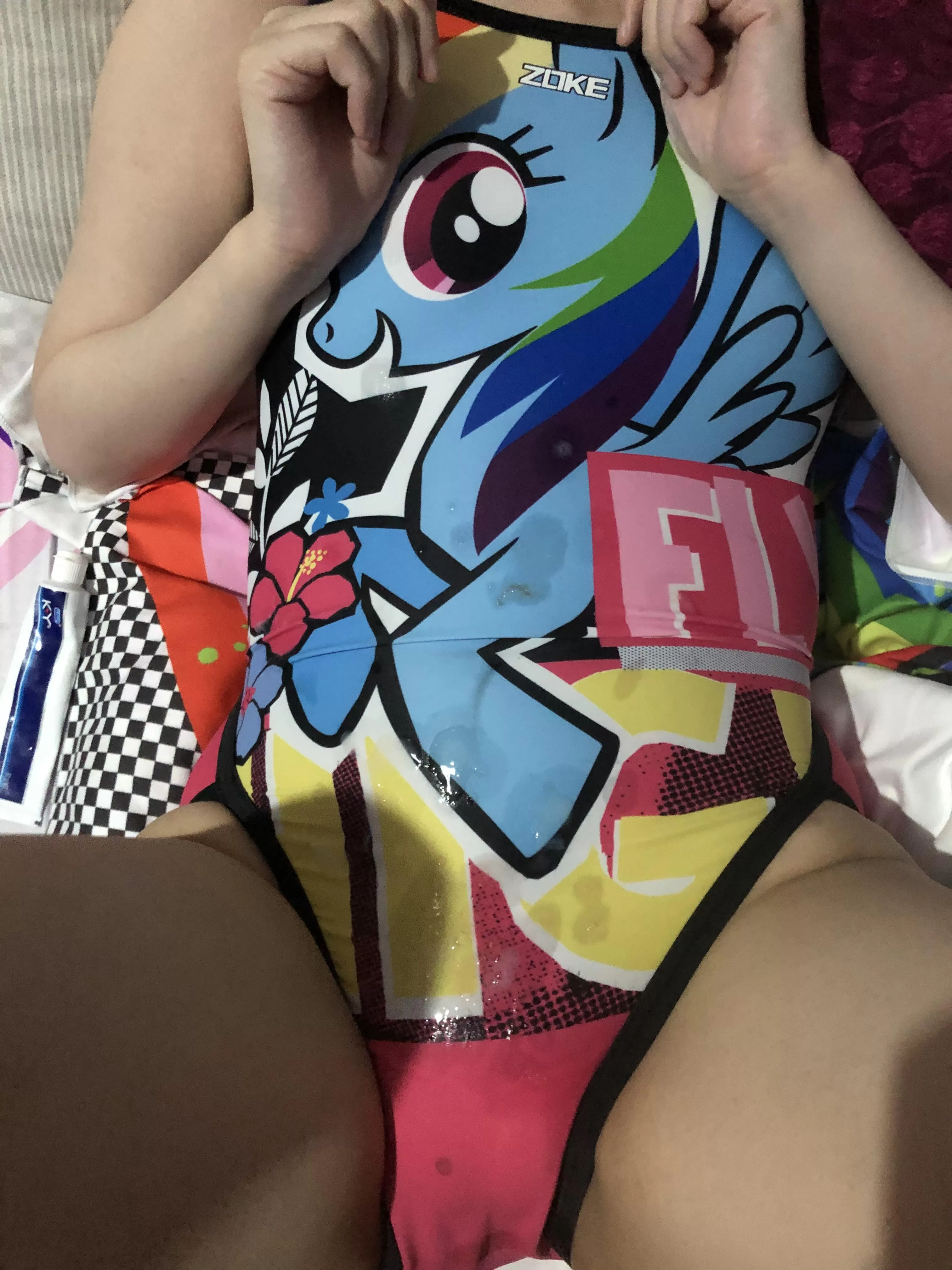 Daddy made a mess on my favorite pony swimsuit >< posted by RainbowDashZ420