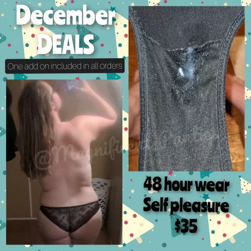 🎄DECEMBER DEALS🎄[Selling]All worn items include one FREE add on!🎅Lace back black cheekies with 48 hour wear and self pleasure ONLY $35 (including vacuum sealing and US shipping). DM or KIK M3GNIFIC3NT by Magnificent_Panties