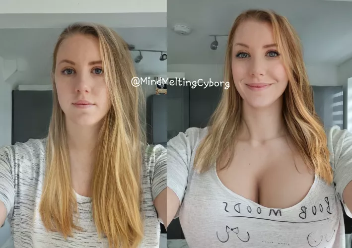 Depressed B cup to can't stop smiling bimbo sized H cup, 😊💜💋💞🙂 by MindMeltingCyborg