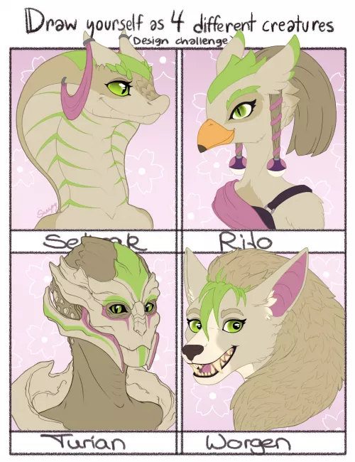 Did the four creature Template with my Mewtwo OC and changed her into a Sethrak, a Rito, a Turian and a Worgen. (art by me, @sneepydraws on Twitter) by IncrediblySneepy