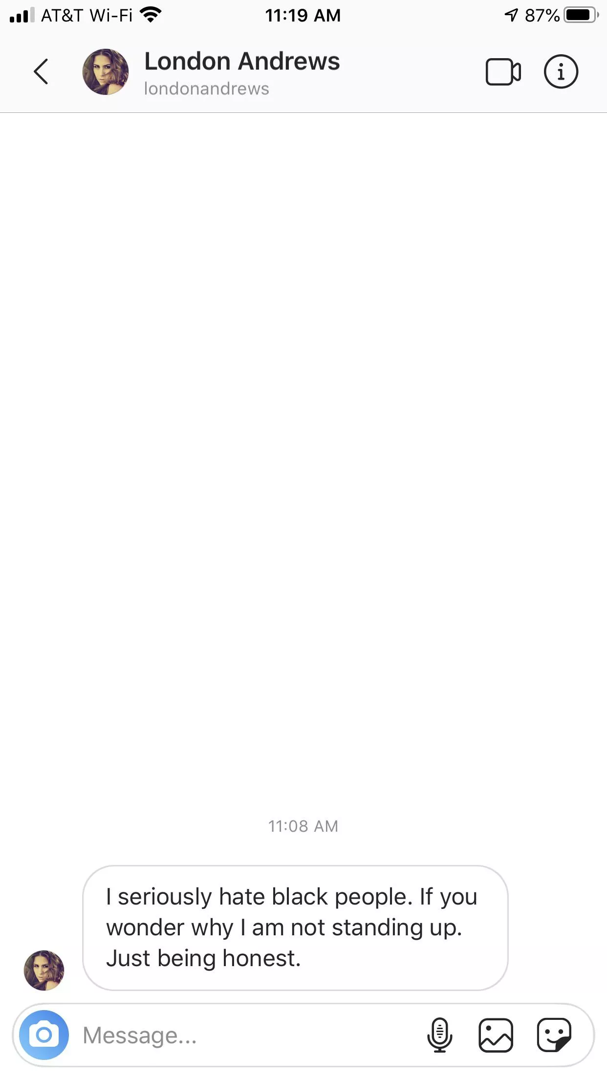 Didn’t know London was racist AF! She asked her “fans” to vent! I did and got blocked and sent this lovely message! Thoughts? posted by Biddahmunk